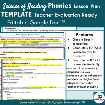 Preview of Science of Reading Phonics Lesson Plan Template -Teacher Performance Evaluation