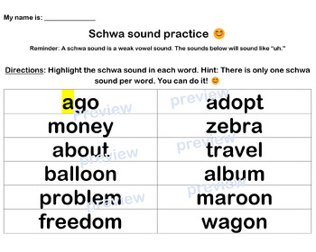 Preview of Science of Reading: Schwa sound | Highlighting practice | Reading worksheet