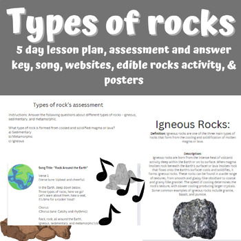 Preview of Science-types of rocks lesson, assessment, activities, song, posters, and more!