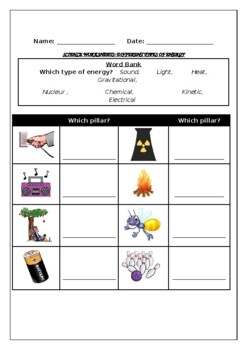 Preview of Science worksheet: Different types of energy