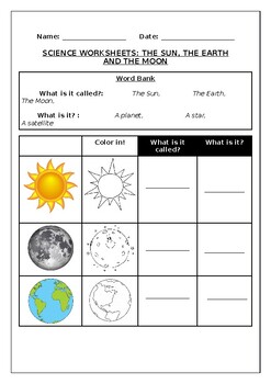 Preview of Science worksheet: The Sun, The Earth and The Moon