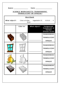 Preview of Science worksheet: Transparent, Translucent or Opaque?