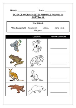 Preview of Science worksheets: Animals endemic to Australia