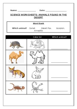 Preview of Science worksheets: Animals found in the desert