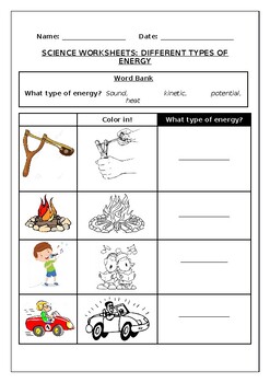 Preview of Science worksheets: Different types of energy