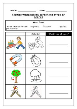 Preview of Science worksheets: Different types of forces