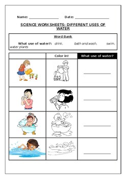 Preview of Science worksheets: Different uses of water?