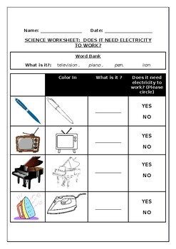 Preview of Science worksheets: Does it need electricity to work?