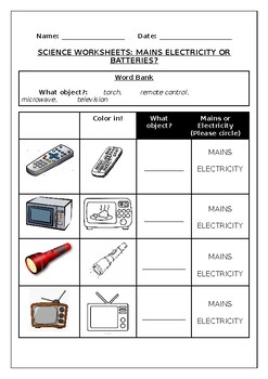 Preview of Science worksheets: Mains electricity or batteries?