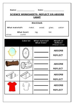 Preview of Science worksheets: Materials: Absorb or Reflect Light?
