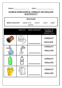 Preview of Science worksheets: Materials: Conduct or Insulate Electricity?