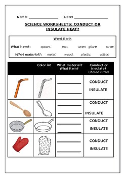 Preview of Science worksheets: Materials: Conduct or Insulate Heat?