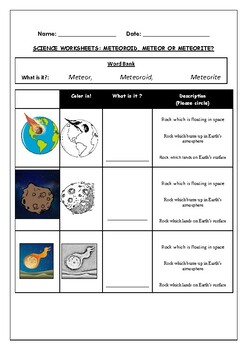 Preview of Science worksheets: Meteor, Meteoroid or Meteorite?