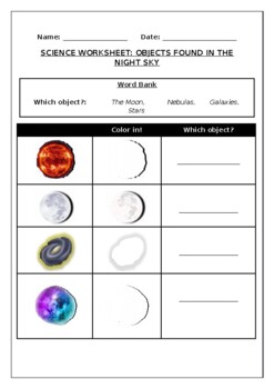 Preview of Science worksheets: Objects found in The Night Sky