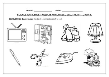 science worksheets objects which need electricity color and circle