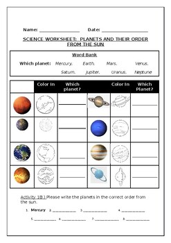 Preview of Science worksheets: Planets and their order from the Sun