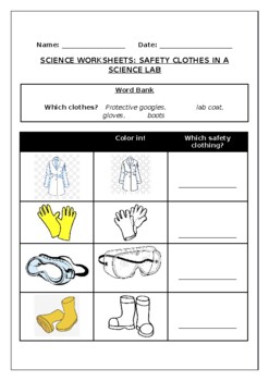 Preview of Science worksheets: Safety clothes worn in a science lab