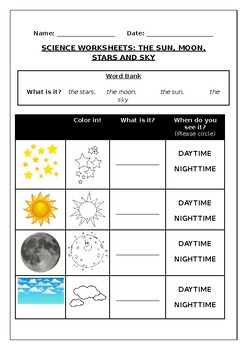 Preview of Science worksheets: The Sun, The Moon, The Stars and The Sky