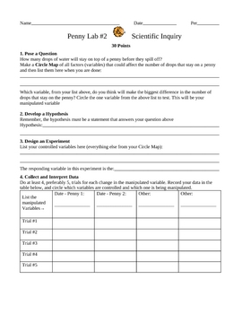 Preview of Scientific Inquiry Penny Lab Day 2 with Honors Questions