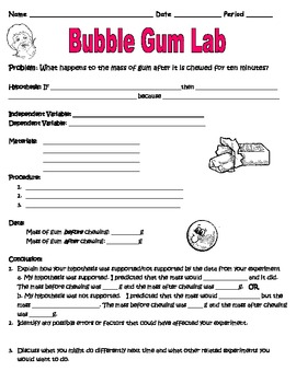 Scientific Method Inquiry Lab with Bubble Gum Worksheet by Sweet D
