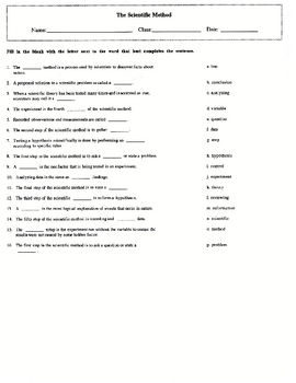 Scientific Method Matching Worksheet Quiz with Key by Maura & Derrick Neill