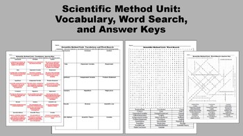 Preview of Scientific Method Unit:  Vocabulary, Word Search, Answer Keys