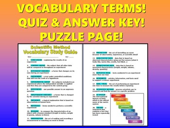 Preview of Scientific Method Vocabulary Quiz (Study Guide and Puzzle / Science / Lab / ELA)