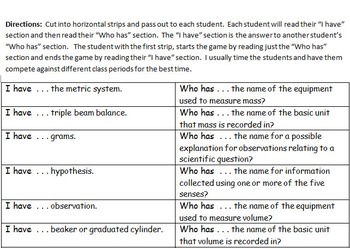 Preview of Scientific Method and Process Skills Review Game - "I have ..., Who has ...?"