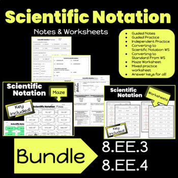 Preview of Scientific Notation Bundle | 8.EE.3 | 8.EE.4 | Notes | Worksheets | Maze | Keys