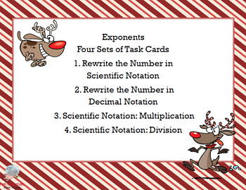 Preview of Scientific Notation-Exponents-Middle School - Four Skills-80 Task Cards-Holiday