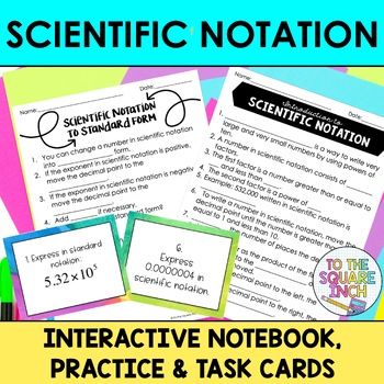 Preview of Scientific Notation Notes,  Practice Worksheets and Task Cards