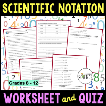 Preview of Scientific Notation Practice Worksheet and Quiz Set