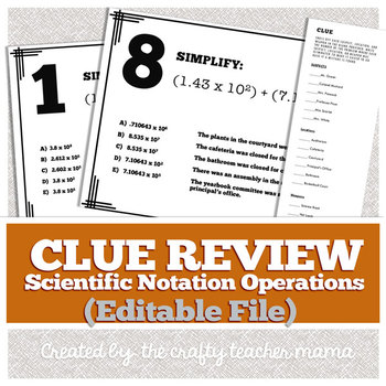 Preview of Scientific Notation Review: Clue Game Walk Around Activity (EDITABLE FILE)