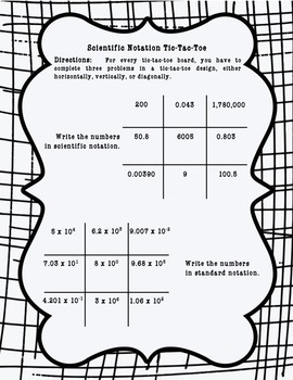 Scientific Notation Tic Tac Toe 5 x 5 Grid