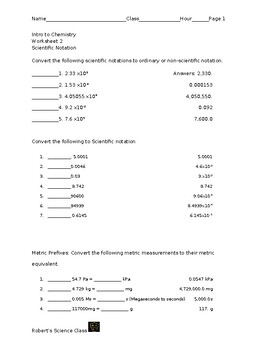 Preview of Scientific Notation Worksheet 2 with Answers