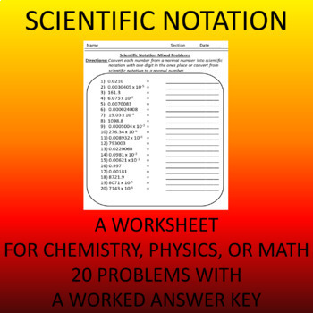 Preview of Scientific Notation Worksheet with 20 problems
