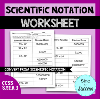 Preview of Scientific Notation Worksheet - Converting from Scientific to Standard Form