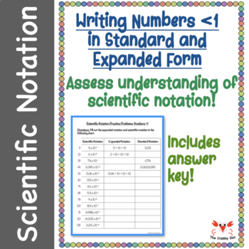 Preview of Scientific Notation Worksheet: Expanded and Standard Notations Numbers < 1