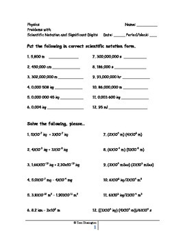 Preview of Scientific Notation and significant Digits Worksheet