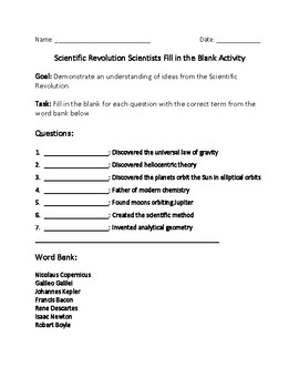 Preview of Scientific Revolution Scientists Fill in the Blank Activity