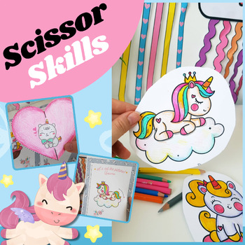 Preview of Scissor Skills Cutting Pages Practice with Unicorn cut and made beautiful shapes