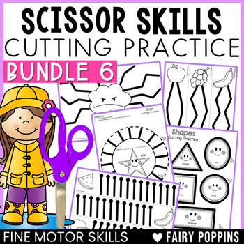 Preview of Cutting Practice Scissor Skills | BUNDLE 6 Shapes, Weather, Nutrition