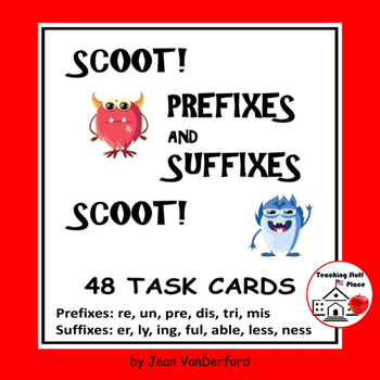 Preview of Prefixes - Suffixes REVIEW | Scoot!| Task Cards | Monsters | Gr 4-5 CORE LISTS