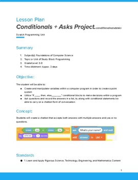 Preview of Scratch 3.0 Coding Lesson 5 - Conditionals and Asks
