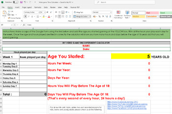 Preview of Screen Time Calculator or Video Game Time Calculator Excel sheet