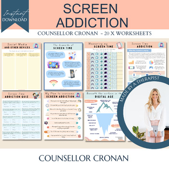 Preview of Screen addiction worksheets, teen mental health, anxiety, social psychology