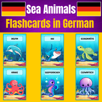 Preview of Sea Animals: Printable Flashcards in German for Kids.