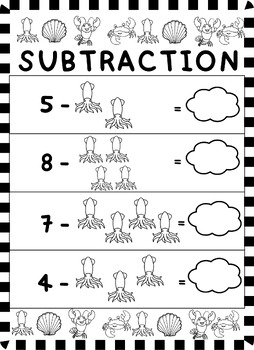 Sea Animals Subtraction Practice worksheets Counting on Number 1-10