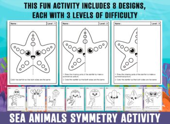 Preview of Sea Animals Symmetry Worksheet, Ocean Animals, Sea Life, Math-Lesson Plans