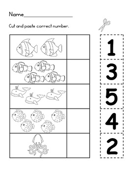 Sea Creatures Cut and Paste : Number 1 - 5 by Nyra The Learner | TPT